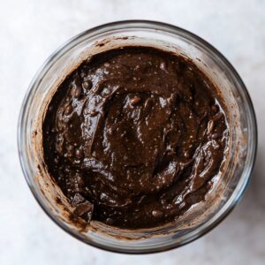 Thick, rich black bean brownie batter in a glass mixing bowl, swirled and glossy with visible flecks of beans and chocolate.
