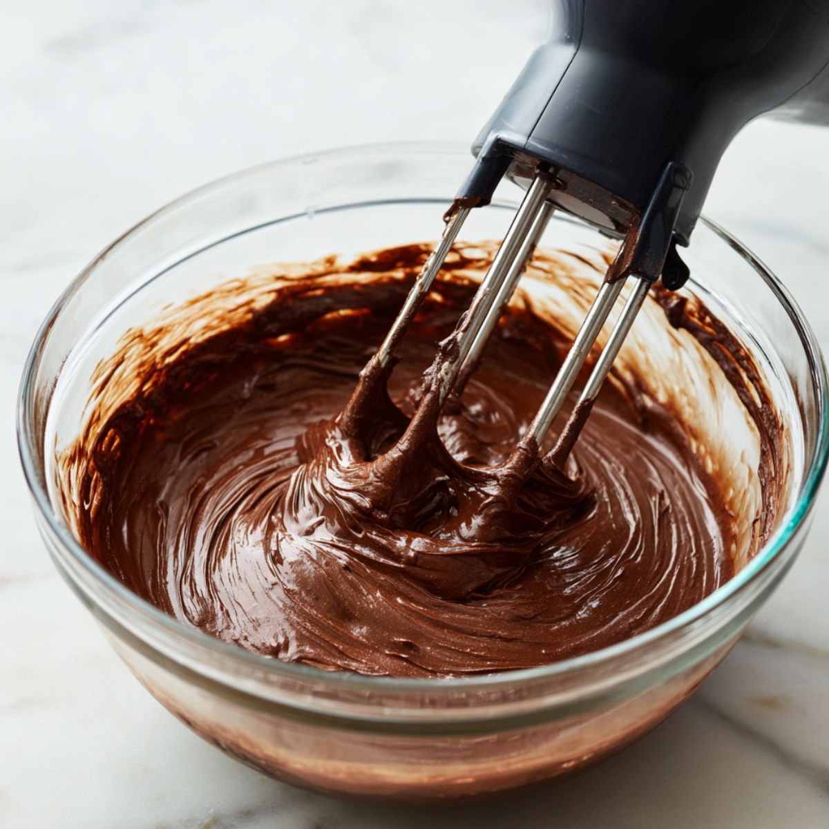 Thick chocolate pie filling being mixed with an electric hand mixer in a glass bowl.