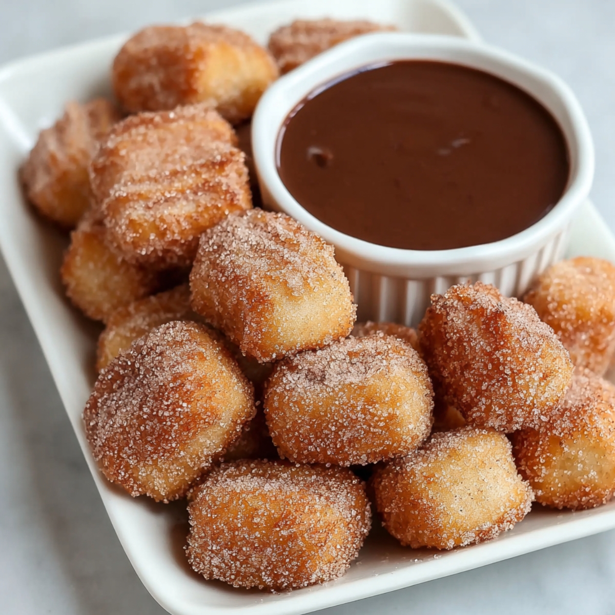 Homemade air fryer churro bites coated in cinnamon sugar, served on a white plate with a small dish of rich chocolate sauce.