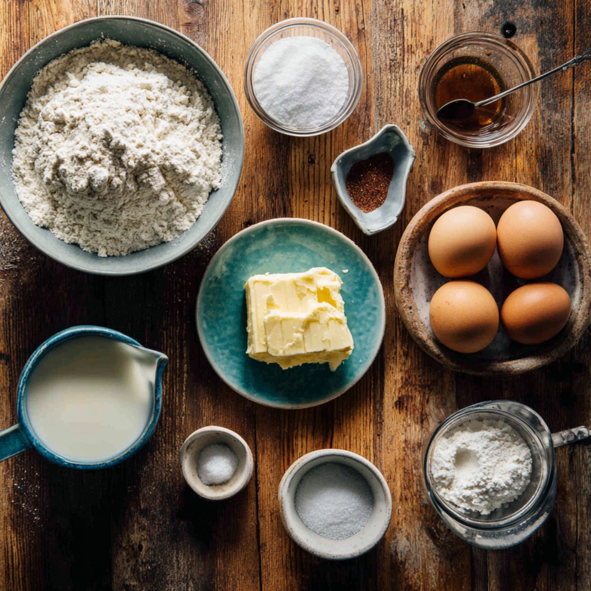 Baking ingredients on a rustic wooden table: flour, sugar, cinnamon, vanilla, eggs, butter, milk, salt, and baking powder arranged neatly for a homemade apple cinnamon cake.