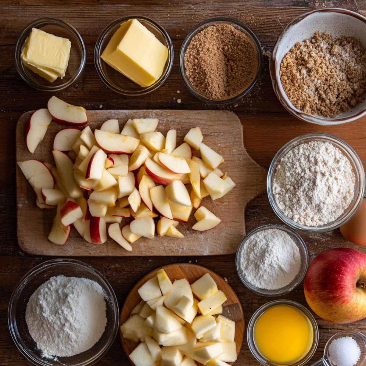 Close-up of ingredients for a homemade apple pie: sliced apples, butter, sugar, flour, an egg, and a whole apple, all arranged on a rustic wooden countertop.