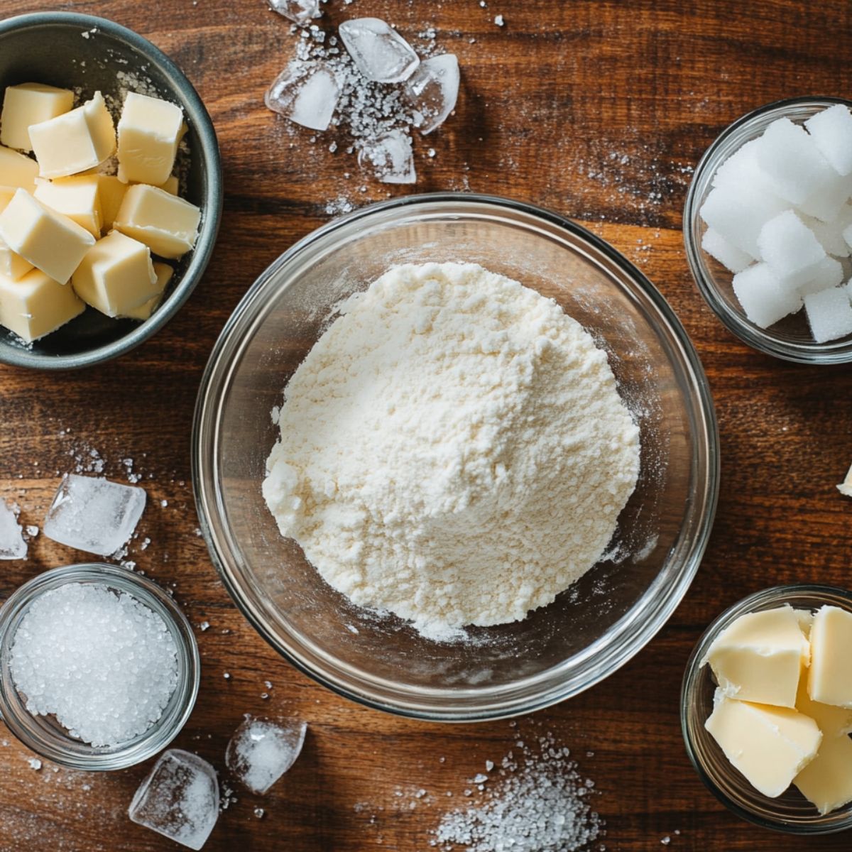 Ingredients for a homemade apple pie: flour, cubes of butter, sugar cubes, and ice cubes arranged on a rustic wooden countertop.