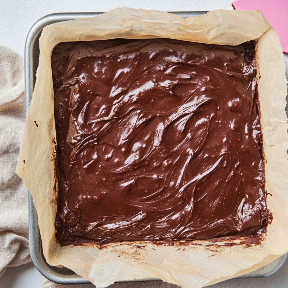 Freshly spread chocolate brownie layer in a parchment-lined metal pan, ready to be layered for homemade Black Forest brownies.