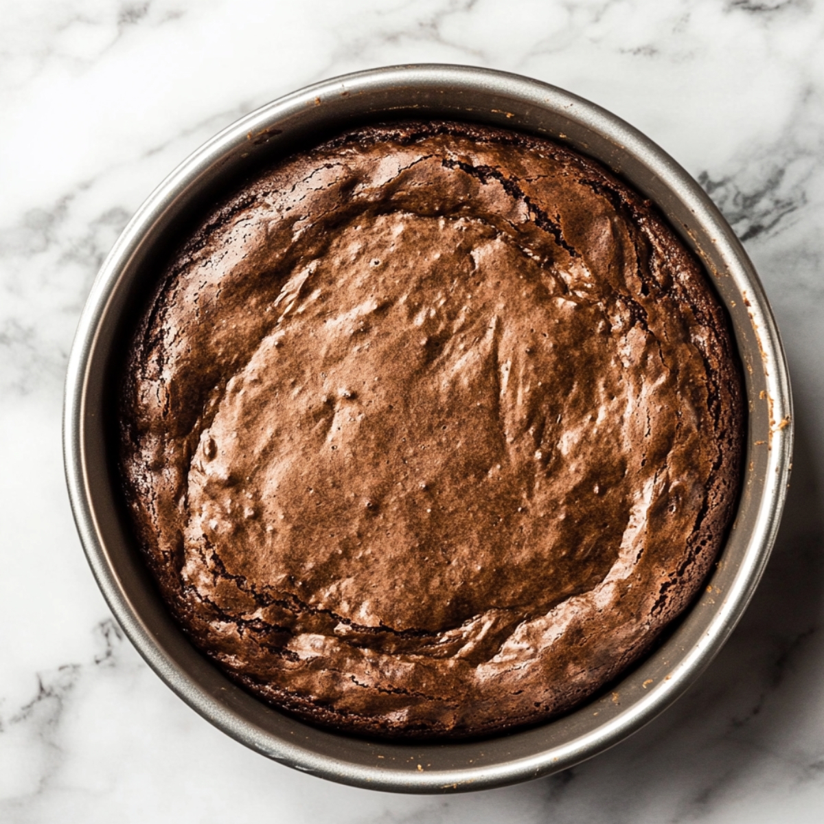 Freshly baked flourless chocolate cake in a round metal pan with a cracked, set top and slightly domed center, cooling on a marble surface.