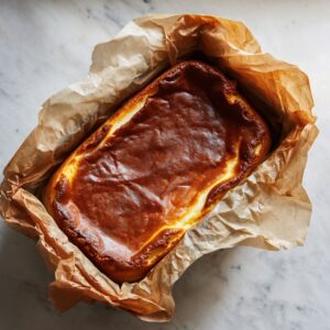 A loaf pan Basque cheesecake with a deeply golden, caramelized top, baked in crinkled parchment paper on a marble surface.