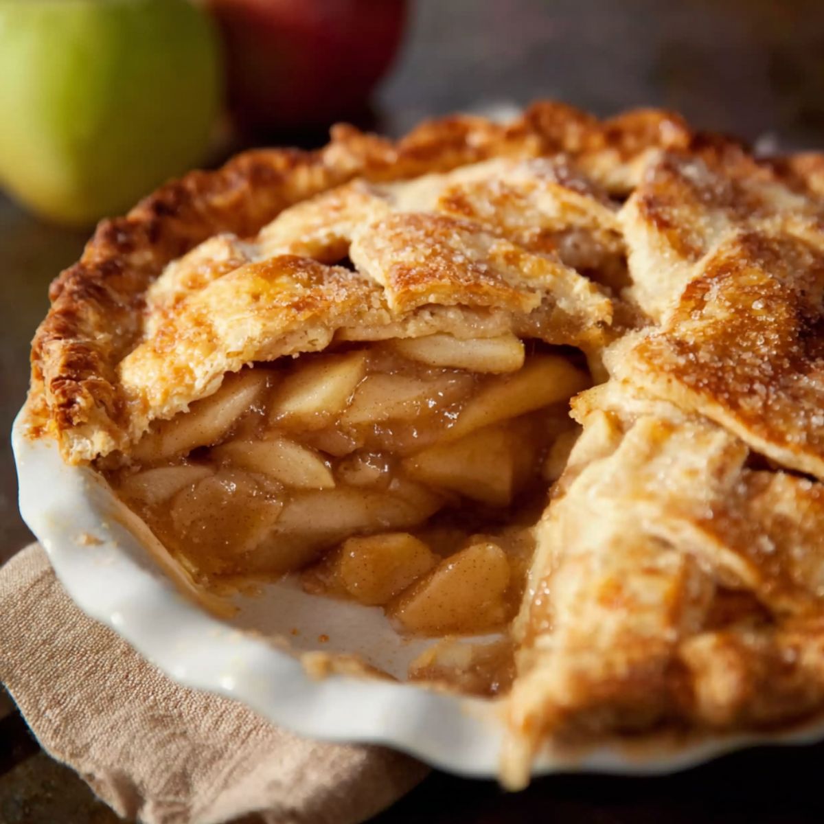 A freshly baked apple pie with a golden-brown lattice crust, partially sliced to reveal tender, spiced apple filling. The crust is sprinkled with sugar, and the pie sits on a beige linen napkin, with red and green apples in the background, creating a warm, homemade vibe.
