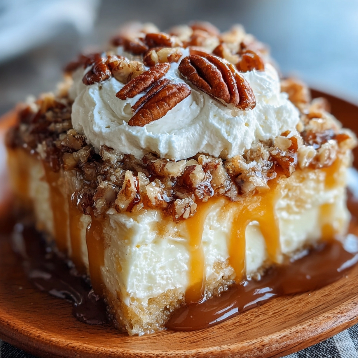 A thick, homemade slice of Butter Pecan Praline Poke Cake on a wooden plate, topped with whipped cream, whole toasted pecans, chopped nuts, and dripping caramel sauce.