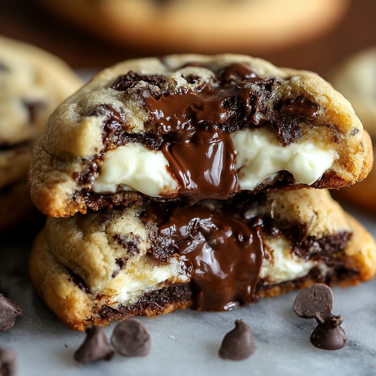 Close-up of a homemade chocolate chip cookie split in half, showing creamy cheesecake filling and melted chocolate oozing out. Soft, golden-brown cookie edges with chocolate chips scattered on parchment.