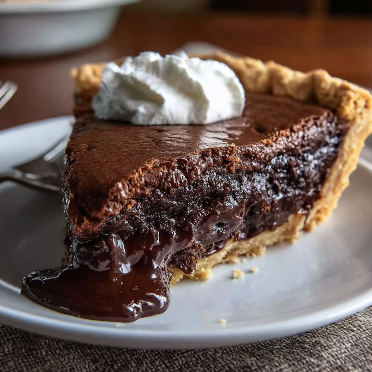 Homemade chocolate pie slice with gooey center and whipped cream on a plate.