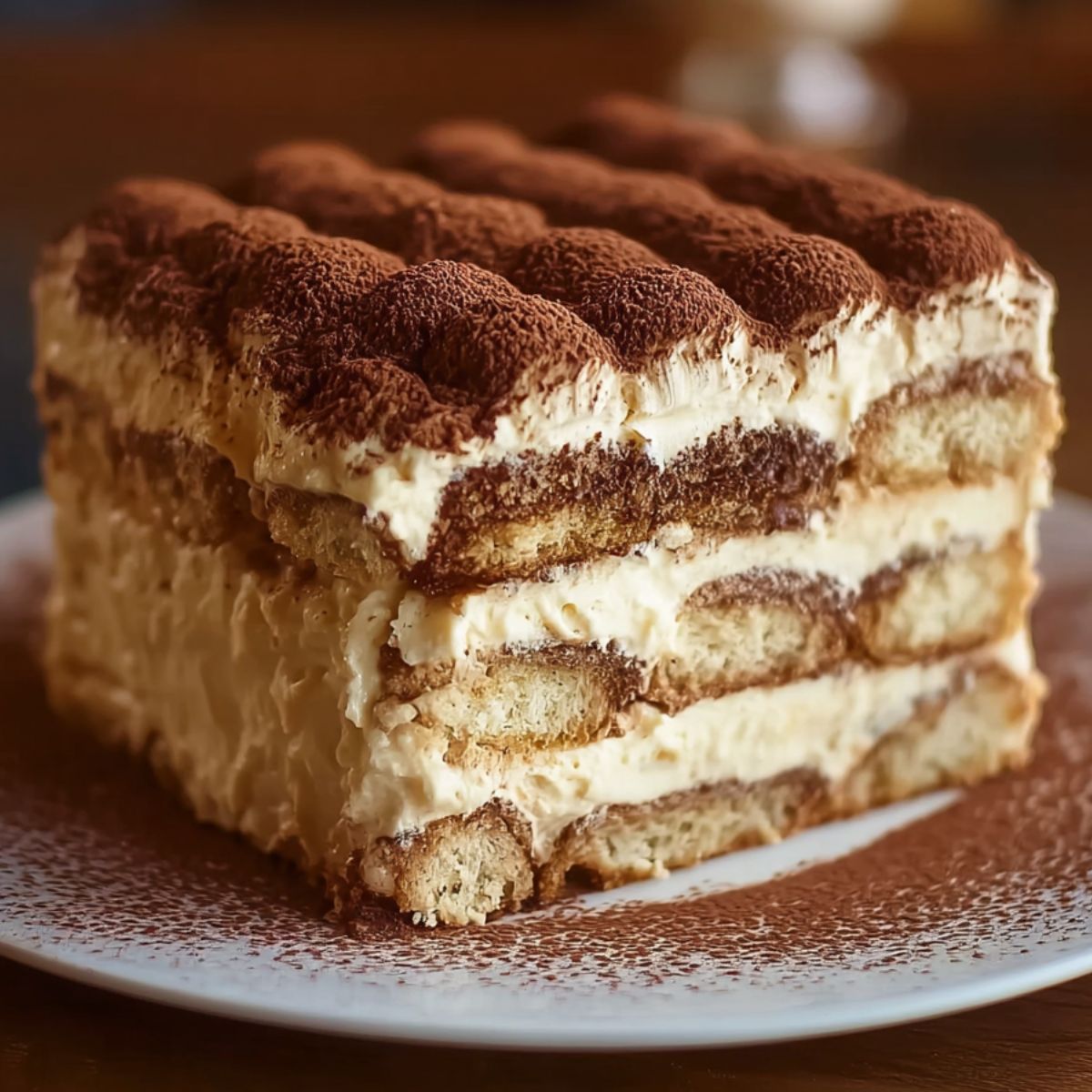 Homemade tiramisu cake slice with layers of coffee-soaked ladyfingers, mascarpone cream, and a dusting of cocoa on top, served on a white plate.