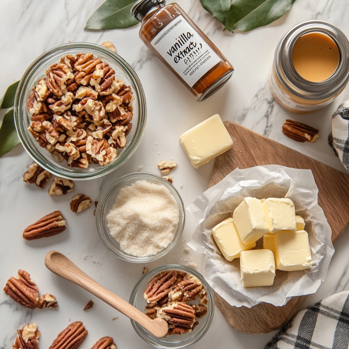 Ingredients for praline sauce on a marble counter: chopped and whole pecans, butter cubes, sugar, vanilla extract, and caramel sauce.