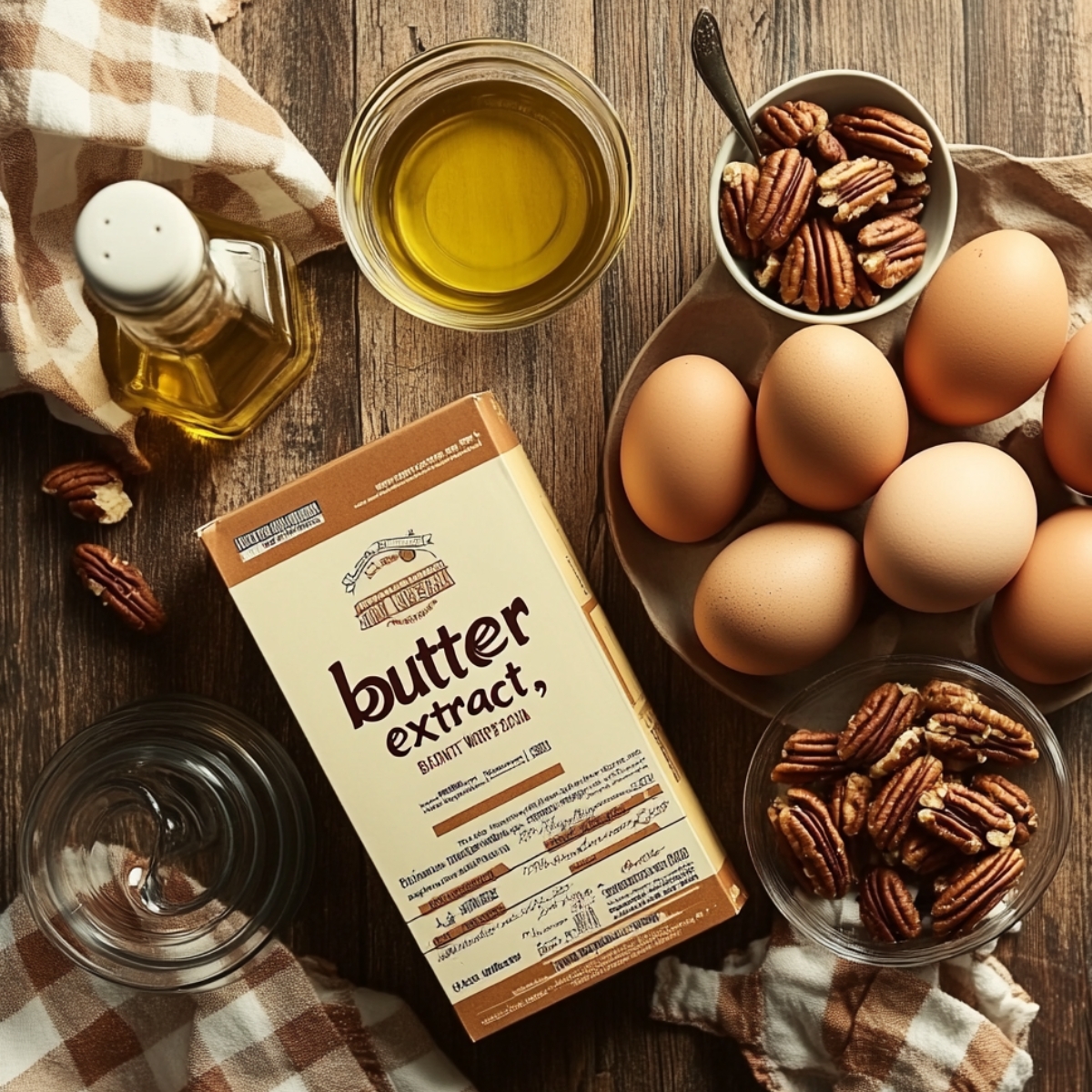 A rustic kitchen counter with butter extract, brown eggs, chopped pecans, vegetable oil, water, and a checkered towel—ingredients for a homemade Butter Pecan Poke Cake.