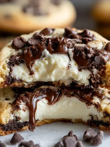 Stacked homemade Cheesecake Stuffed Chocolate Chip Cookies split in half, revealing creamy cheesecake filling and melted chocolate chunks. Golden-brown cookie edges with scattered chocolate chips on parchment paper.