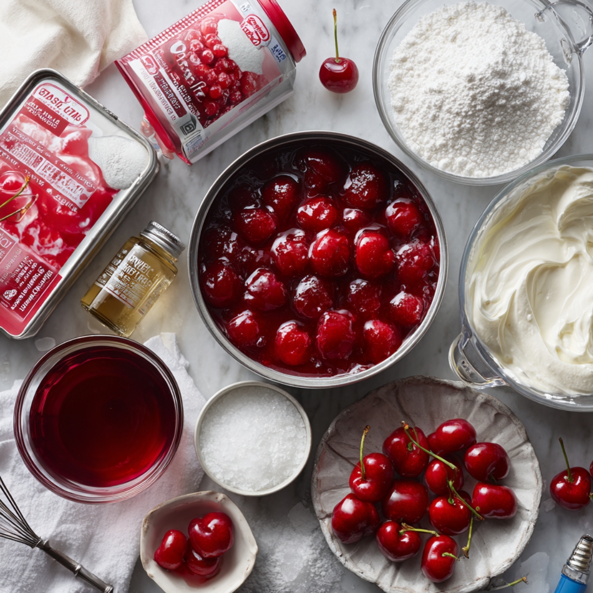 Cherry poke cake ingredients on a marble counter, including cherry pie filling, Jello, whipped cream, powdered sugar, and maraschino cherries.