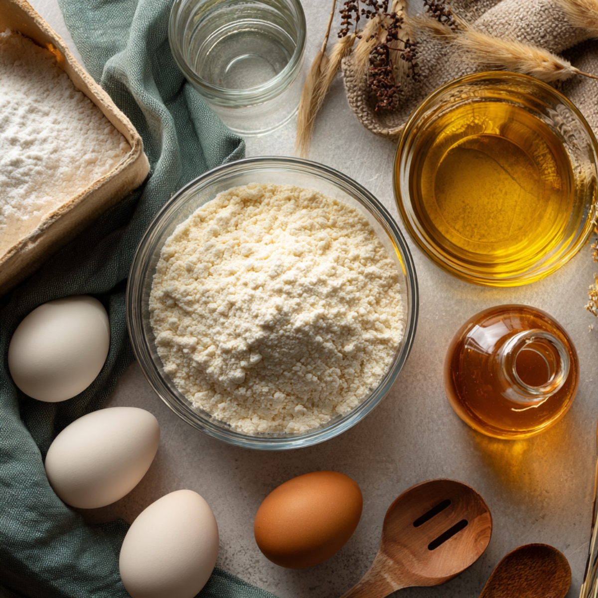 Cake mix, eggs, oil, water, and vanilla extract arranged for homemade baking on a kitchen counter.