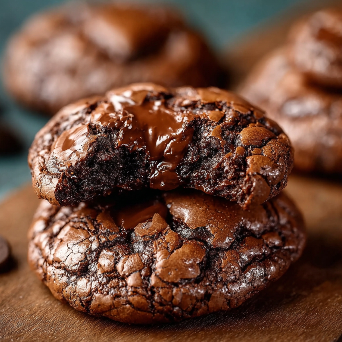 Stacked homemade chocolate brownie cookies with crackly tops and gooey melted chocolate center on a wooden board, warm and freshly baked.