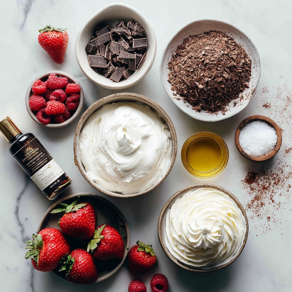 Flat lay of homemade chocolate mousse ingredients including whipped cream, chopped chocolate, vanilla, berries, salt, and cocoa on a marble surface.