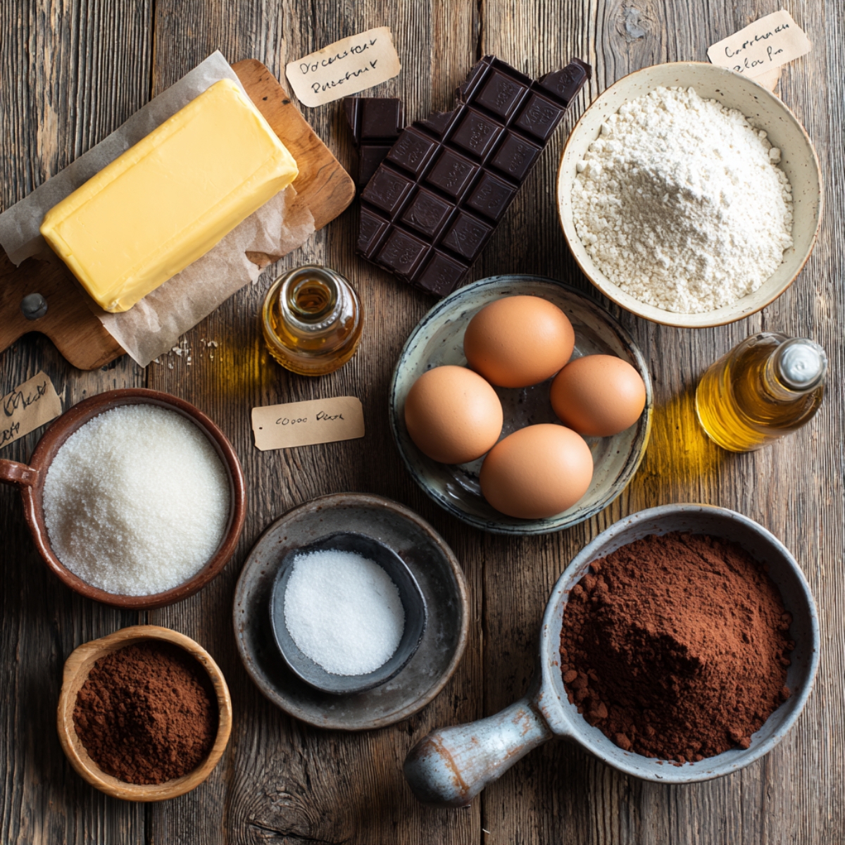 Flat lay of homemade brownie ingredients including butter, chocolate, flour, eggs, sugar, cocoa, salt, and vanilla on a rustic wooden surface.