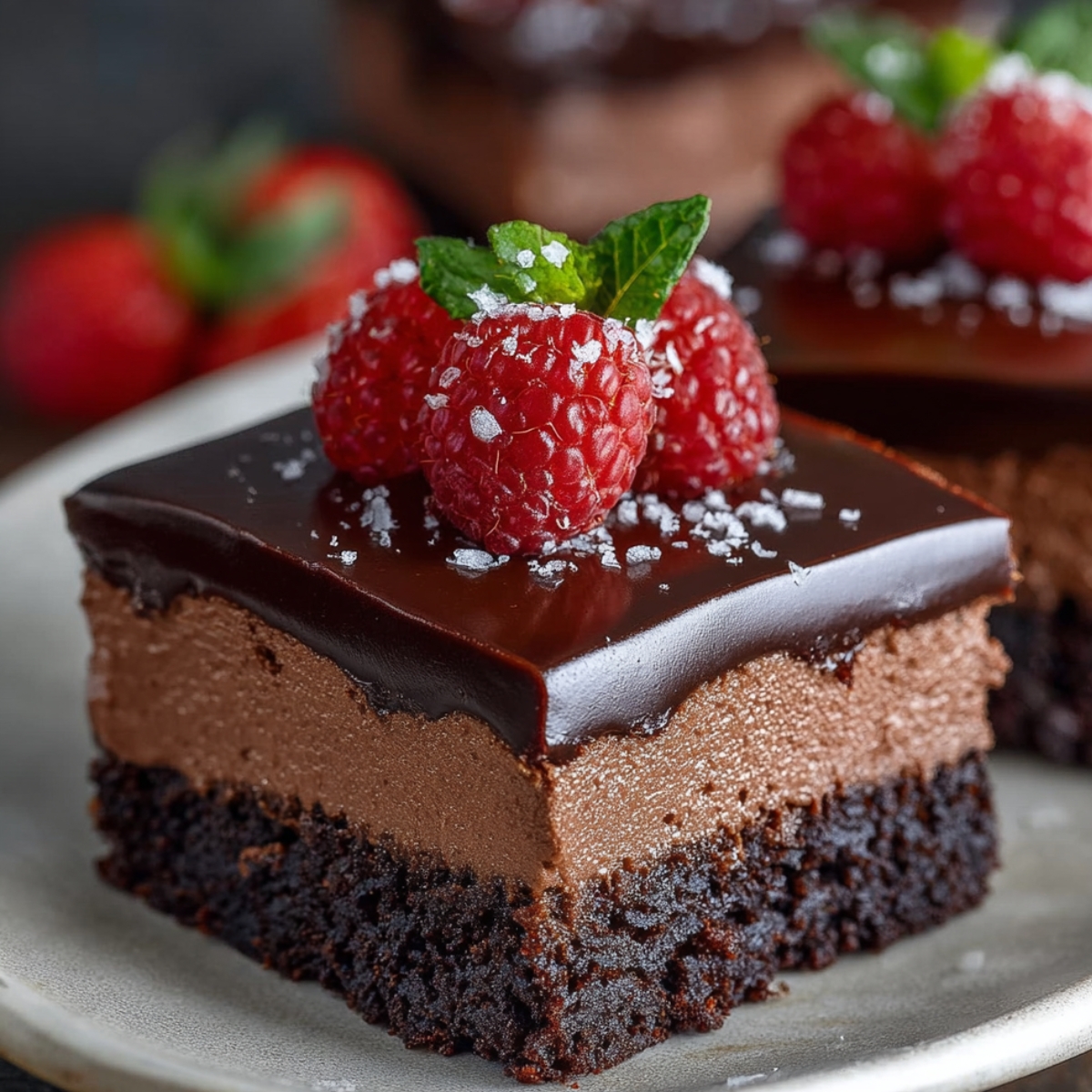 Chocolate Mousse Brownies with rich ganache, chocolate shavings, and sugar crystals on a white plate.
