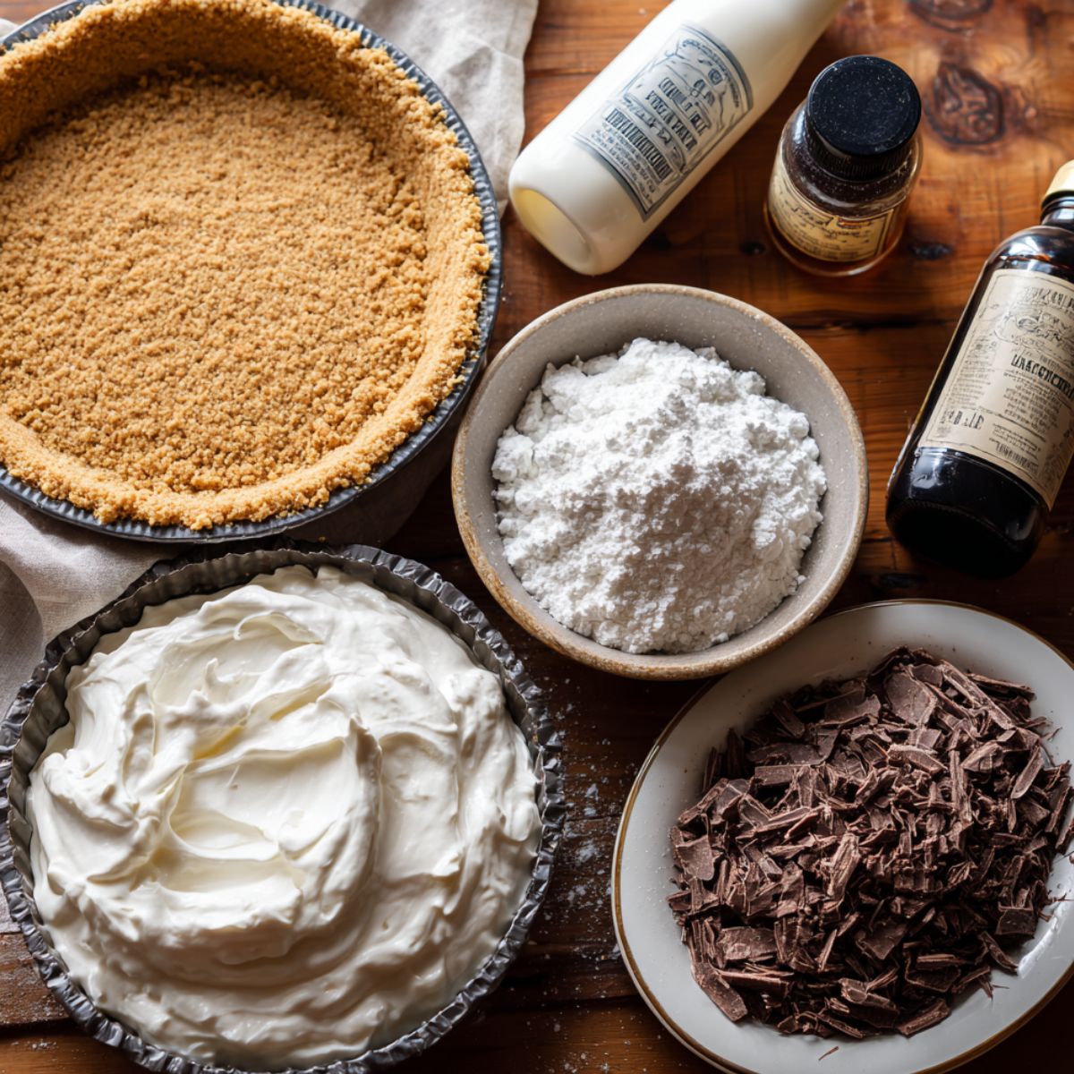 Ingredients for chocolate pie topping and crust including graham crust, whipped cream, powdered sugar, chocolate shavings, cream, and vanilla extract.