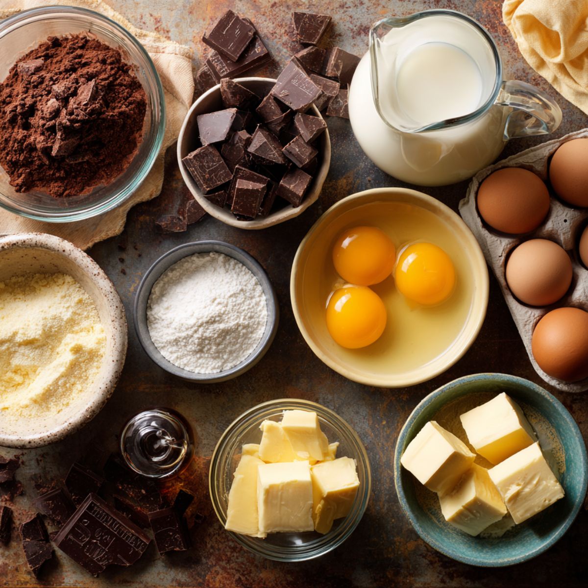 Flat lay of homemade chocolate pie ingredients including eggs, chocolate, butter, milk, sugar, and cocoa powder.