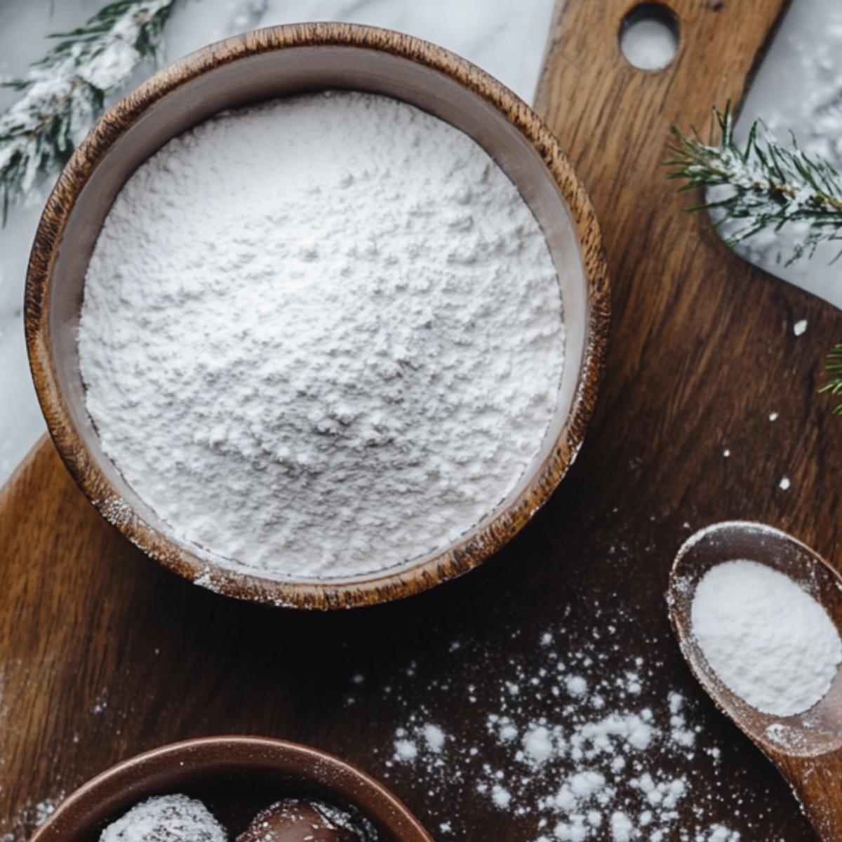 A rustic bowl of powdered sugar on a wooden cutting board, with sugar dust scattered around and a small spoonful nearby. A few chocolate snowball cookies peek in at the edge, with snowy pine branches in the background.
