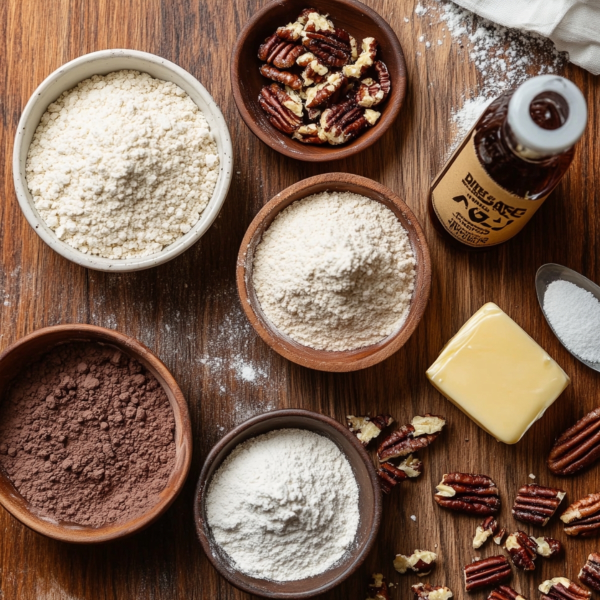 Flat lay of chocolate snowball cookie ingredients on a wooden surface, including cocoa powder, flour, butter, vanilla extract, pecans, and salt in rustic bowls.