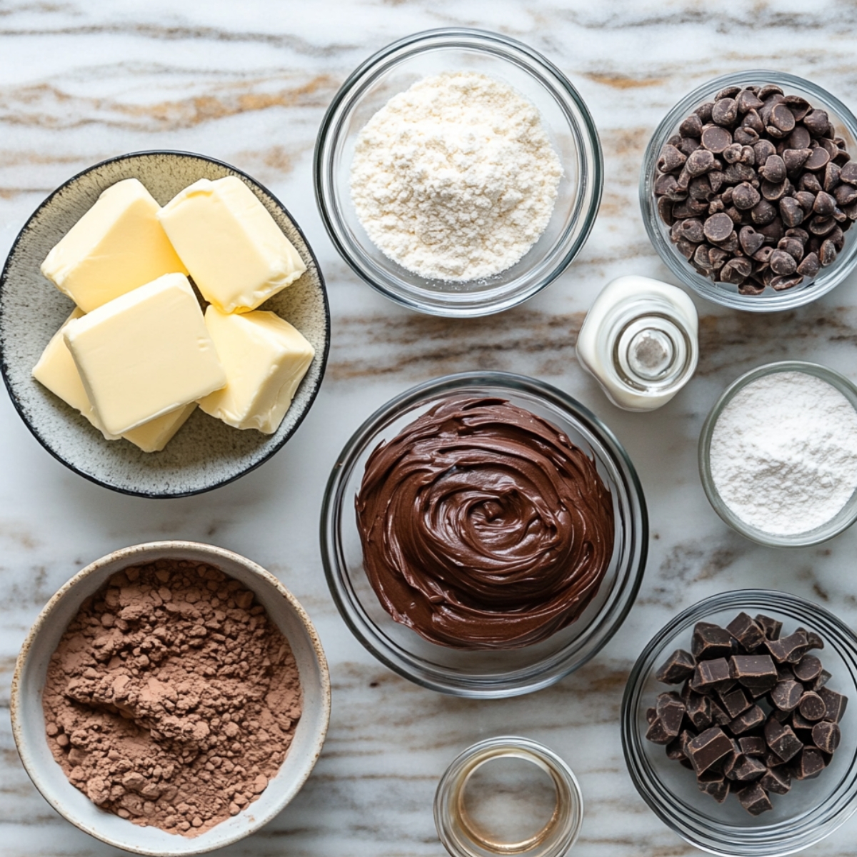 Overhead view of chocolate frosting ingredients on a marble surface, including butter, cocoa powder, powdered sugar, chocolate chips, chopped chocolate, milk, vanilla extract, and a bowl of smooth chocolate frosting.