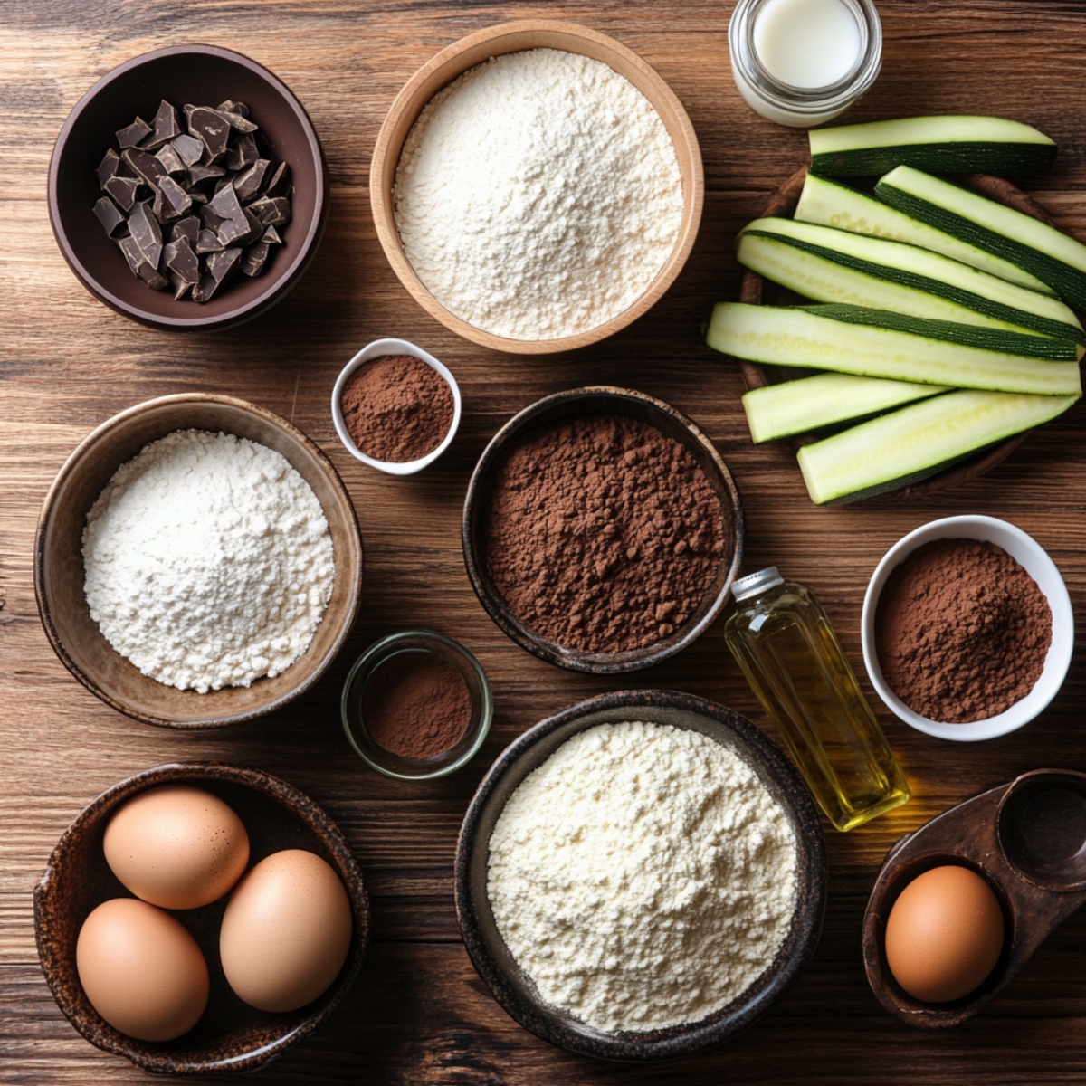 Ingredients for chocolate zucchini cake arranged on a wooden surface, including flour, cocoa powder, eggs, zucchini, milk, oil, and chocolate chunks.