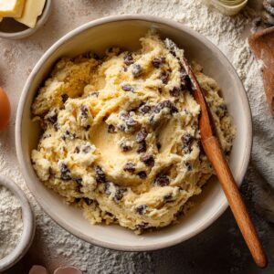 Homemade chocolate chip cookie dough in a bowl with a wooden spoon, surrounded by baking ingredients on a floured surface.
