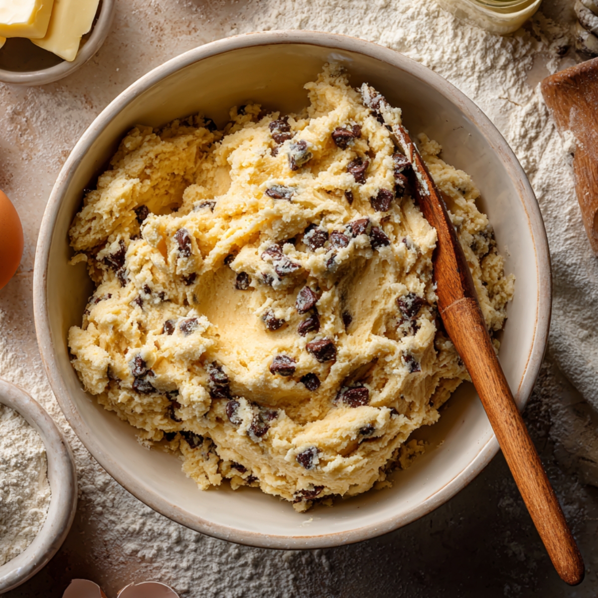 Homemade chocolate chip cookie dough in a bowl with a wooden spoon, surrounded by baking ingredients on a floured surface.