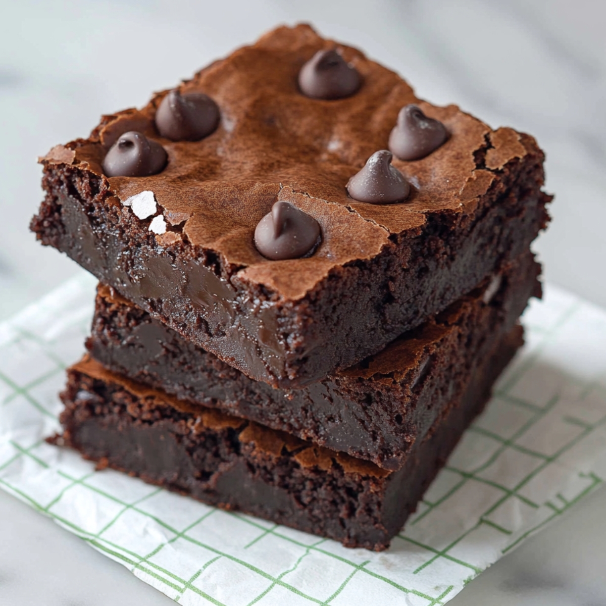 A stack of three thick, fudgy black bean brownies with crackly tops and gooey centers, topped with chocolate chips and placed on a folded white napkin with a green grid pattern.