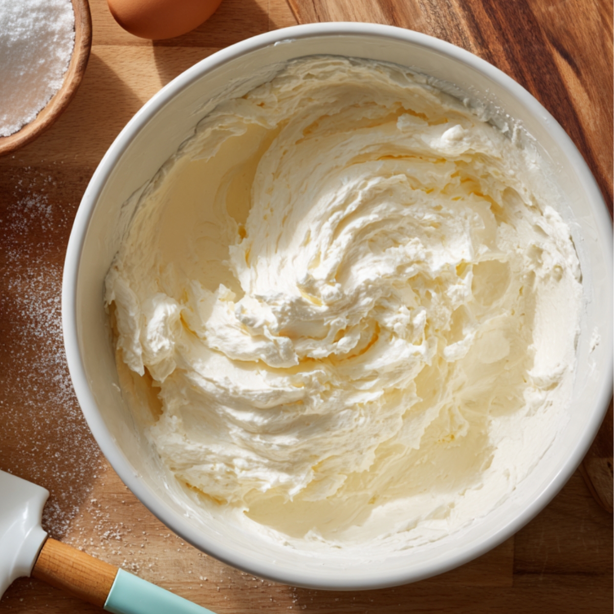 A top-down view of a mixing bowl filled with smooth, whipped cheesecake filling on a wooden countertop, with an egg, powdered sugar, and a spatula nearby, all naturally lit in a warm, homemade kitchen setting.