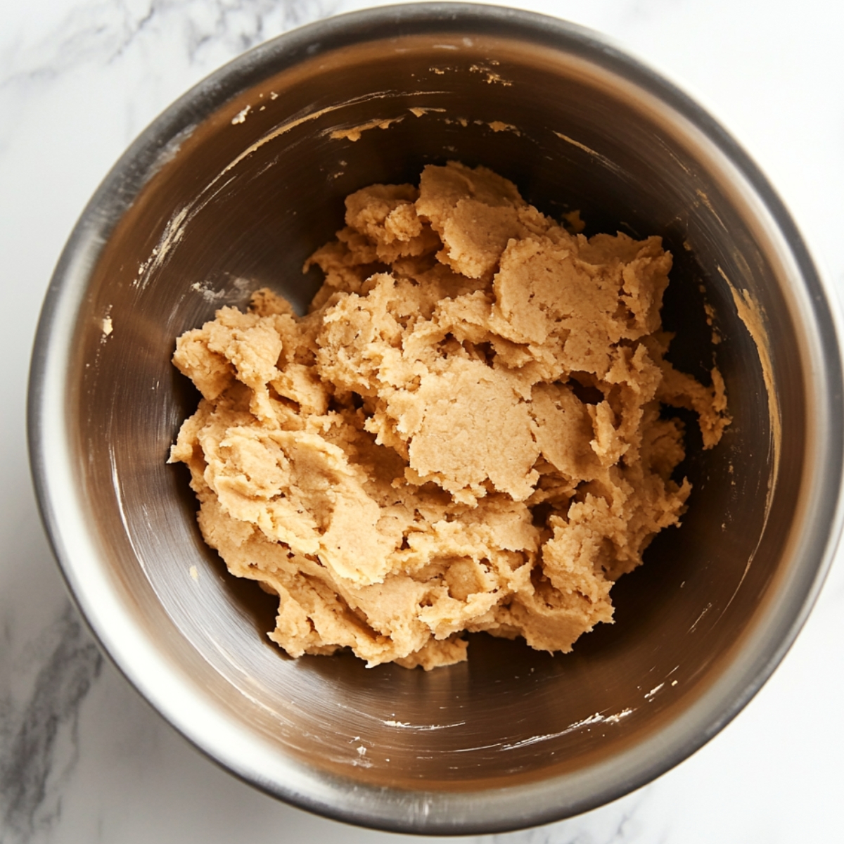 Partially mixed sugar cookie dough in a stainless steel bowl on a marble counter.