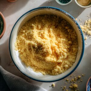 Bowl of finely crumbled yellow pound cake in a kitchen setting, with scattered crumbs on the counter and warm natural sunlight highlighting the soft, fluffy texture.
