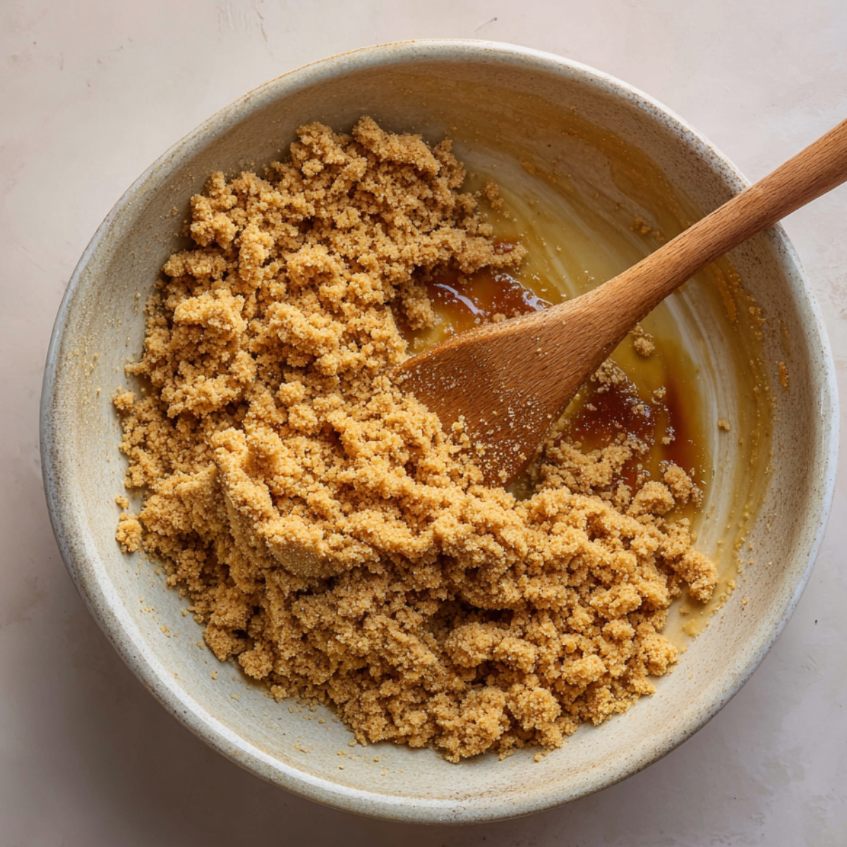 A top-down view of a mixing bowl with a wooden spoon stirring crushed graham crackers and melted butter into a crumbly mixture, set on a light kitchen surface in warm natural light.