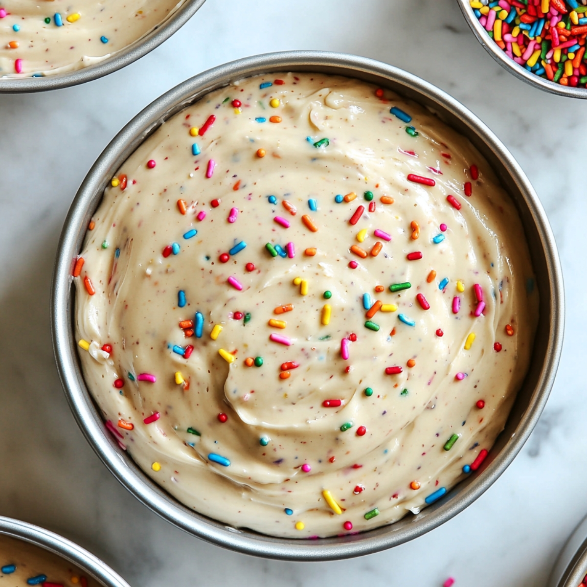 Round cake pan filled with homemade Funfetti cake batter topped with rainbow sprinkles, ready to bake.
