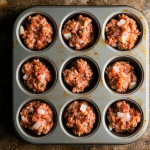 Overhead view of raw meatloaf mixture scooped into a 12-cup muffin tin, with visible diced onions and tomato-based glaze on top, ready for baking on a dark rustic counter.