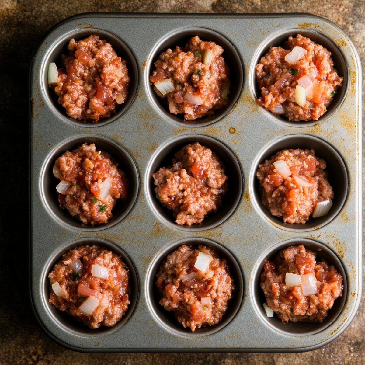 Overhead view of raw meatloaf mixture scooped into a 12-cup muffin tin, with visible diced onions and tomato-based glaze on top, ready for baking on a dark rustic counter.
