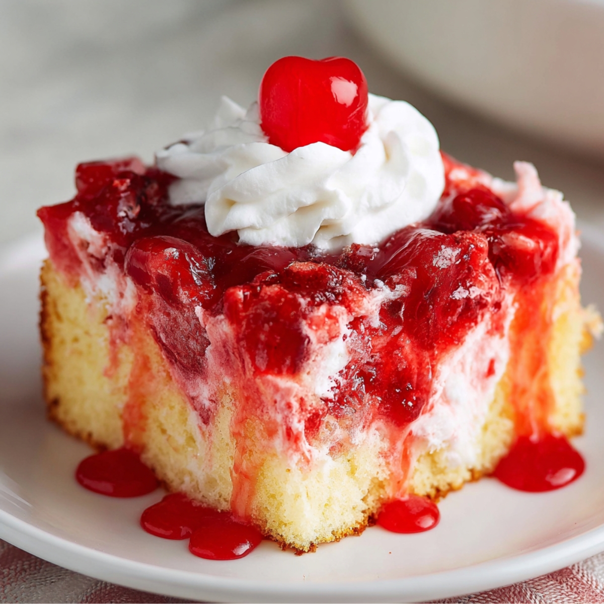 Homemade cherry poke cake slice with juicy cherry topping, whipped cream, and a maraschino cherry on top, served on a white plate.
