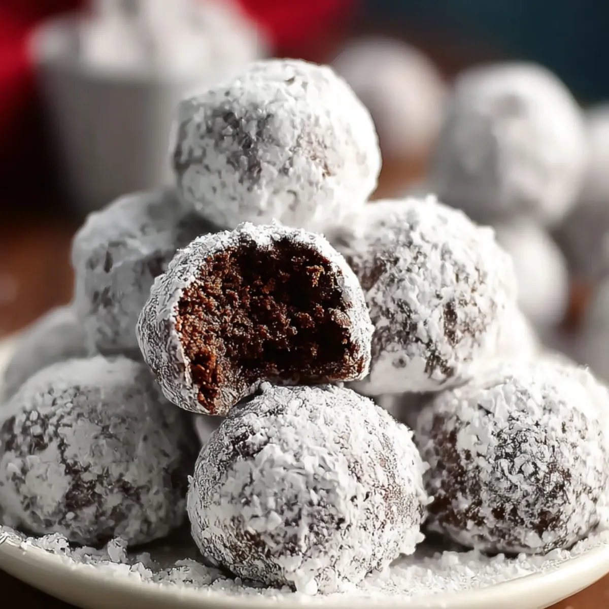 A plate of homemade chocolate snowball cookies coated in powdered sugar, with one cookie on top bitten open to show its soft, fudgy chocolate center. The cookies are rustic and round with natural sugar cracks and a festive, cozy appearance.
