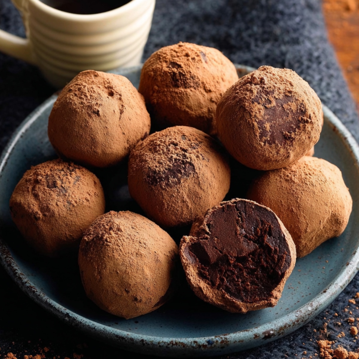 A bowl of cocoa-dusted homemade chocolate truffles, with one cut open to reveal a rich, fudgy center, on a wooden table with dried flower petals.