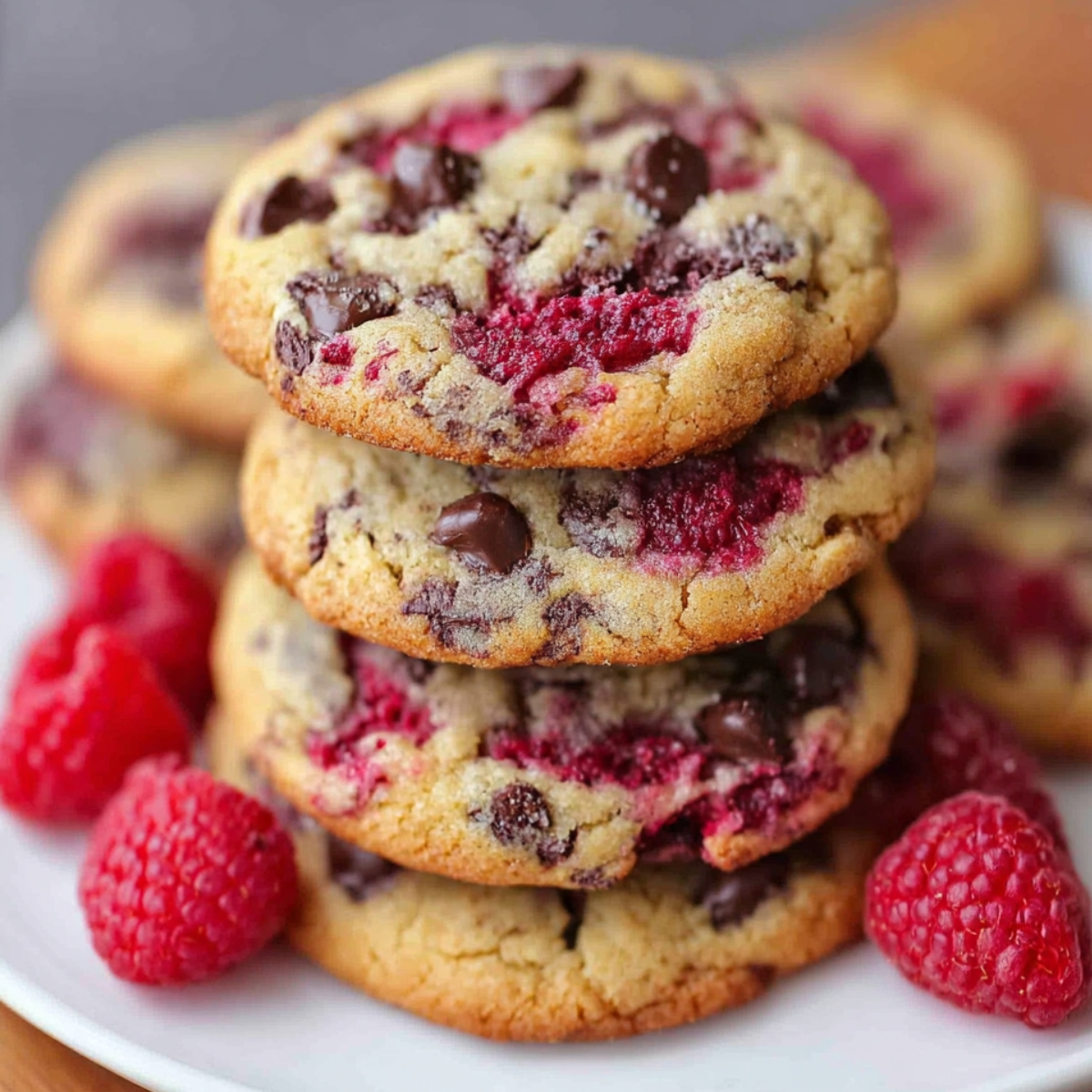 Stack of golden-brown raspberry chocolate chip cookies on a white plate, with melty chocolate chips and juicy raspberries baked in. Surrounded by fresh raspberries.