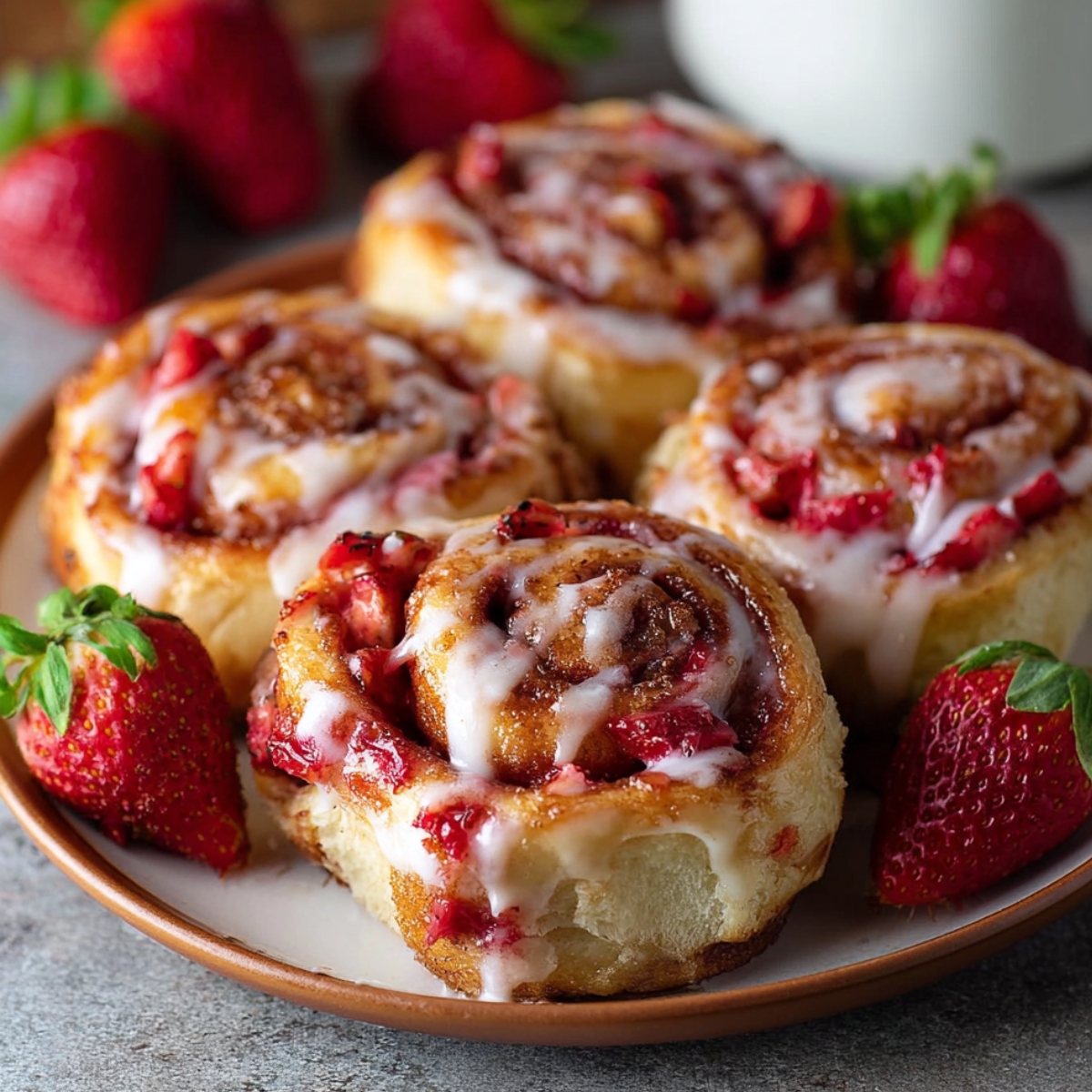 Four homemade strawberry cheesecake cinnamon rolls on a ceramic plate, richly swirled with baked strawberry pieces and cinnamon, topped with creamy icing, and garnished with fresh whole strawberries around the edges.