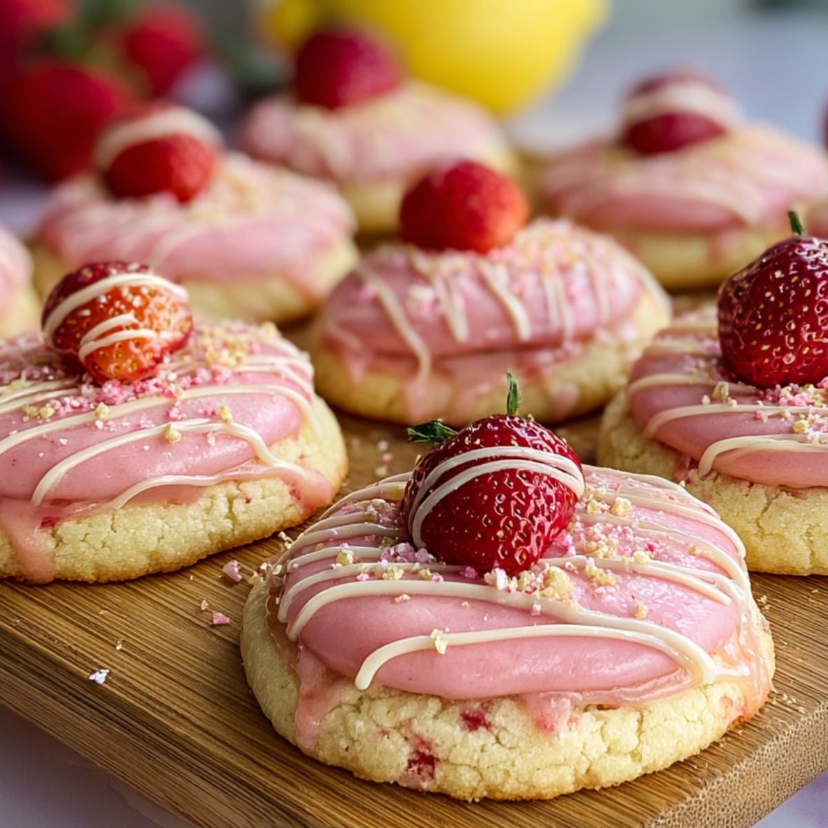Easy strawberry lemonade cookies with pink frosting, fresh strawberry halves on top, and gold flakes, arranged on a wooden board with lemons and strawberries in the background.