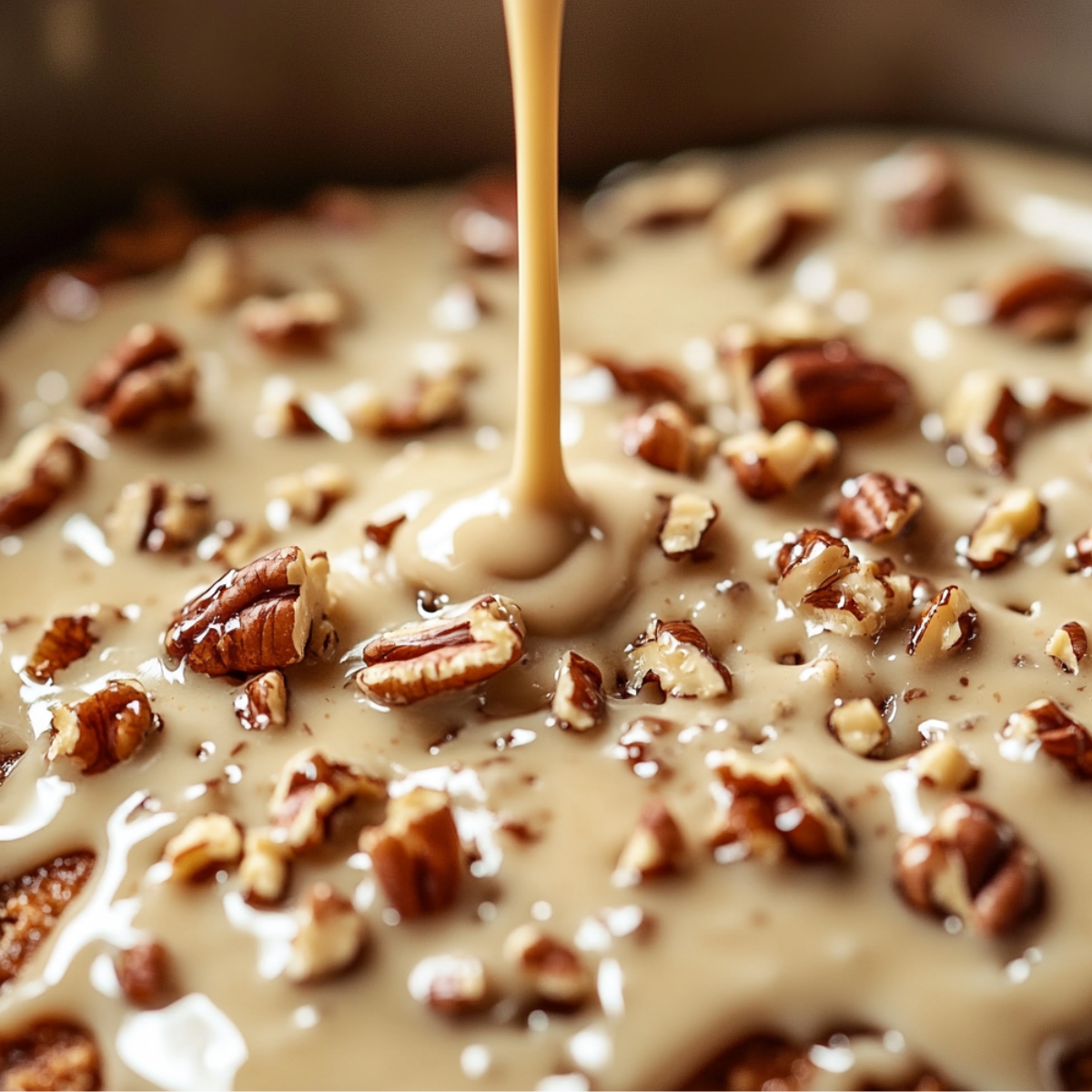 Close-up of thick praline sauce being poured over a Butter Pecan Poke Cake, with chopped pecans scattered on top, capturing a gooey, homemade look.