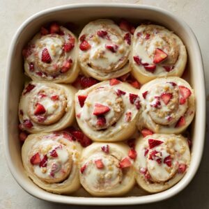 Freshly baked strawberry cheesecake cinnamon rolls in a white baking dish, topped with chopped strawberries and melted cream cheese frosting, showcasing a soft, gooey homemade texture.