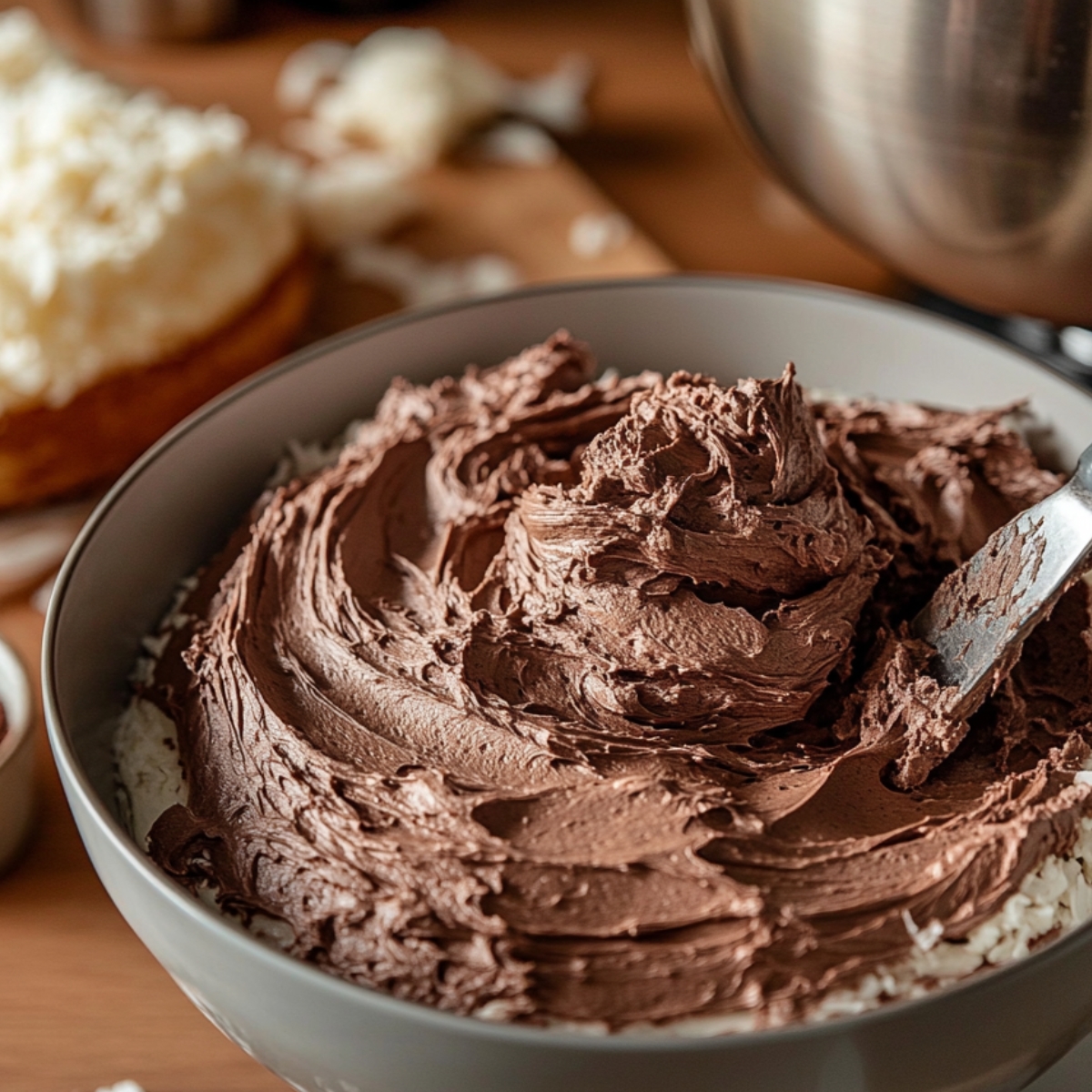 A bowl of rich, creamy chocolate frosting being spread with a spatula over a thick coconut layer, part of a homemade Mounds Cake in progress. In the background, a partially frosted cake and mixer hint at an active baking scene.