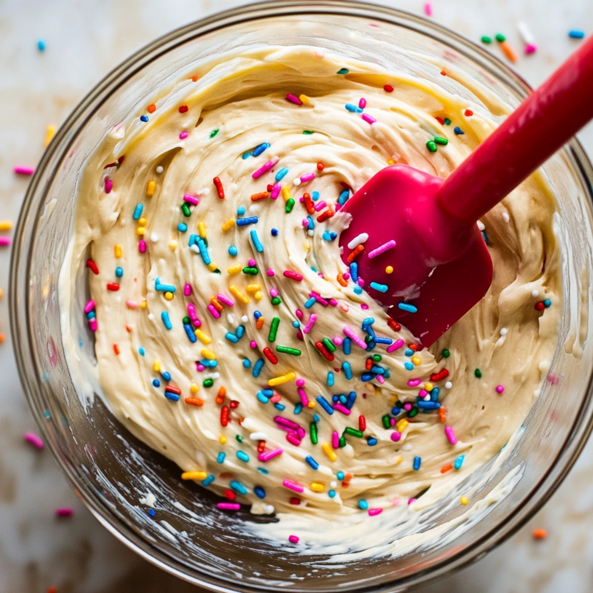 Funfetti cake batter in a glass bowl being mixed with a red spatula, topped with rainbow sprinkles.