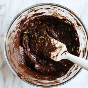 Thick chocolate zucchini cake batter in a glass mixing bowl, with a white spatula partially coated in the batter, resting inside the bowl.